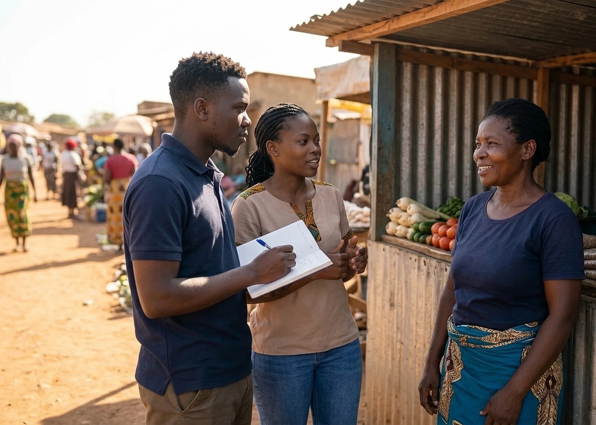 Illustration: two people, one writing in a notebook, talk with a smiling vendor beside a vegetable stall in an open-air market.
