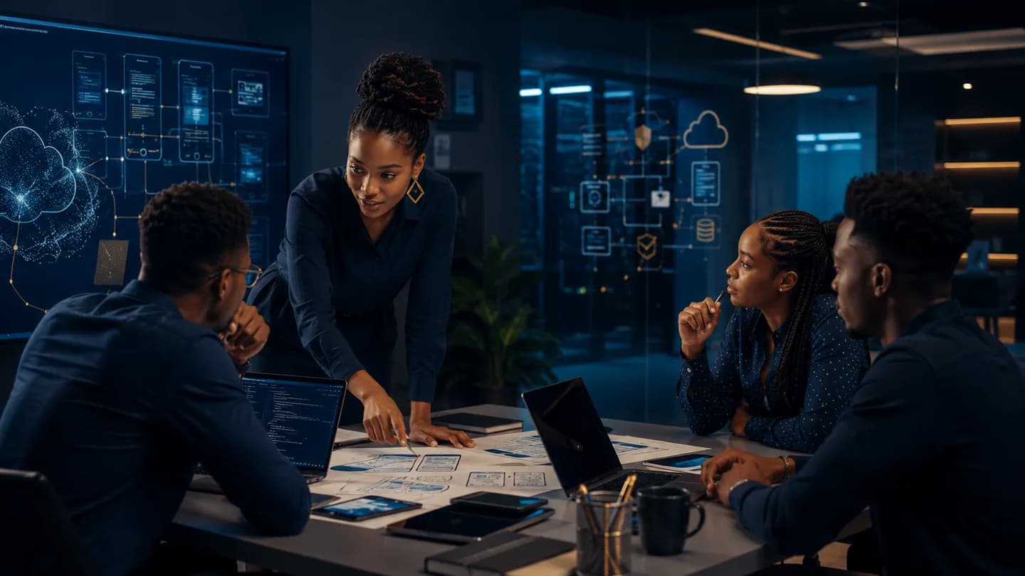 Illustration: a woman leans over a table of printed app wireframes while three people listen, with app and cloud diagrams on screens behind them.